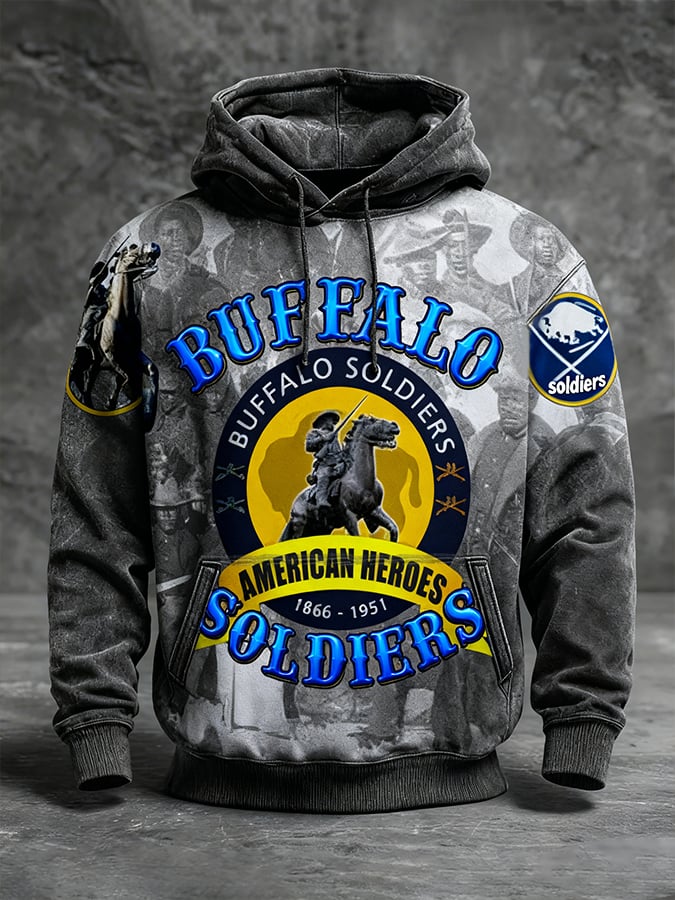 Men's Winter Retro Distressed Buffalo Soldier Print Hooded Top