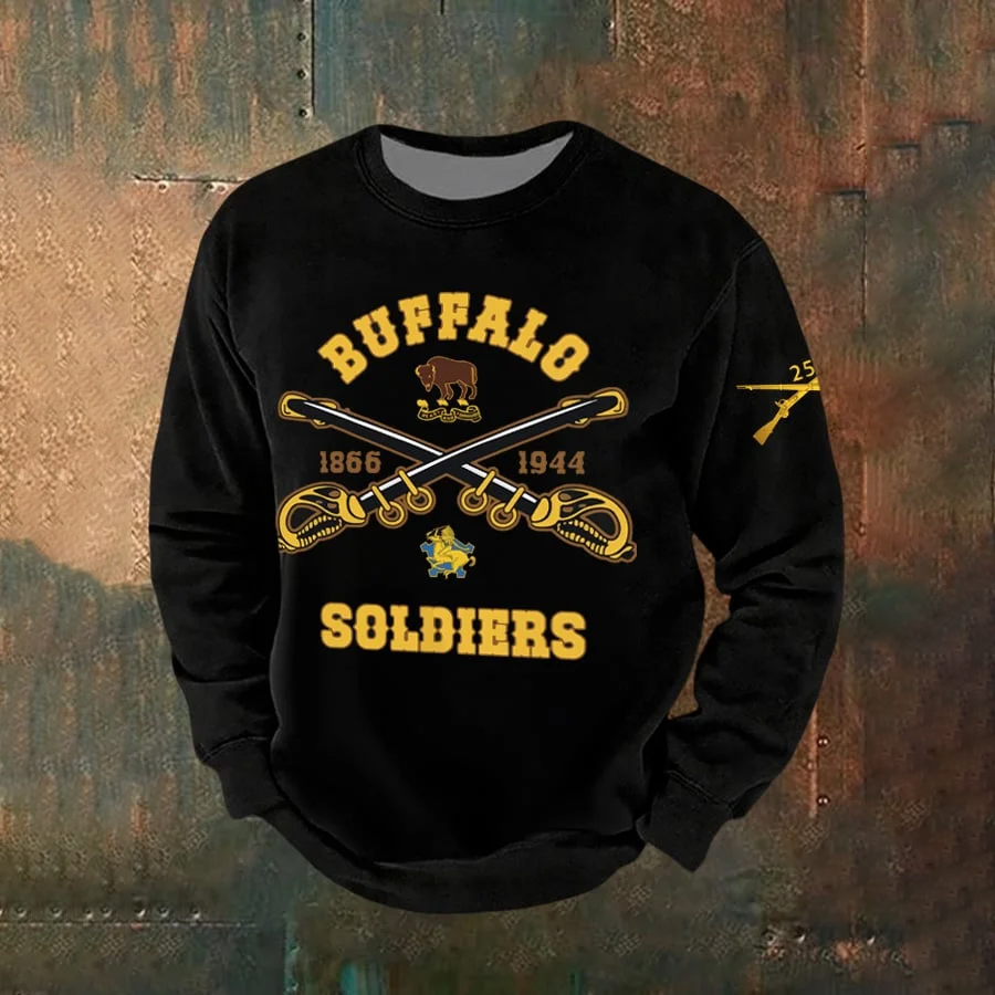 Men's Autumn and Winter Buffalo Soldier Black History Print Casual Crew Neck Sweatshirt