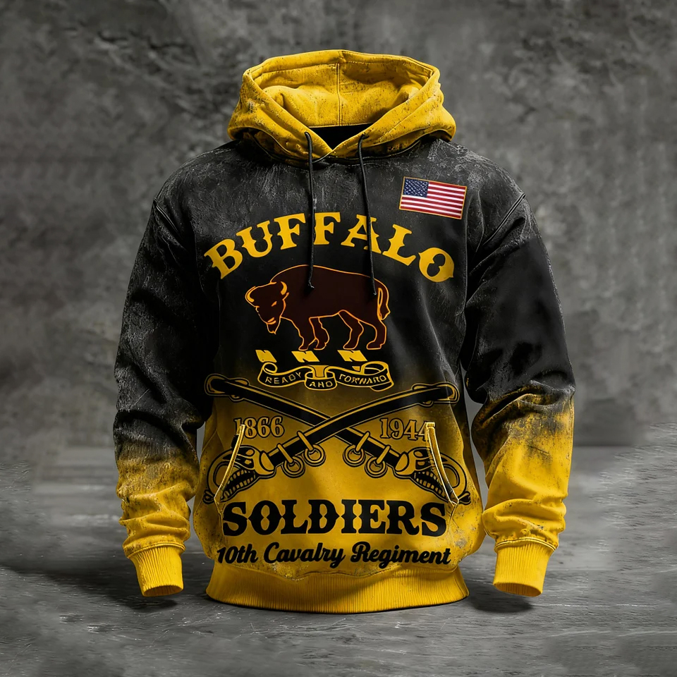 Men's Winter Retro Color Block Distressed Buffalo Soldier Print Hooded Top