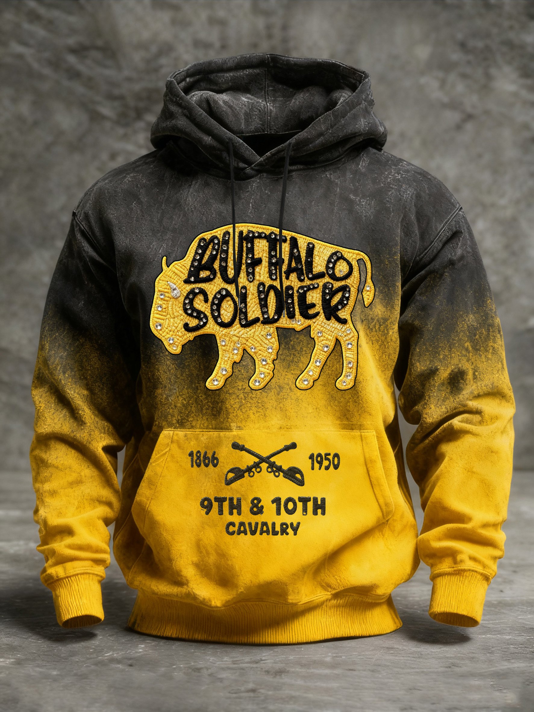 Men's Western Retro Buffalo Cavalry Print Crew Neck Hooded Sweatshirt