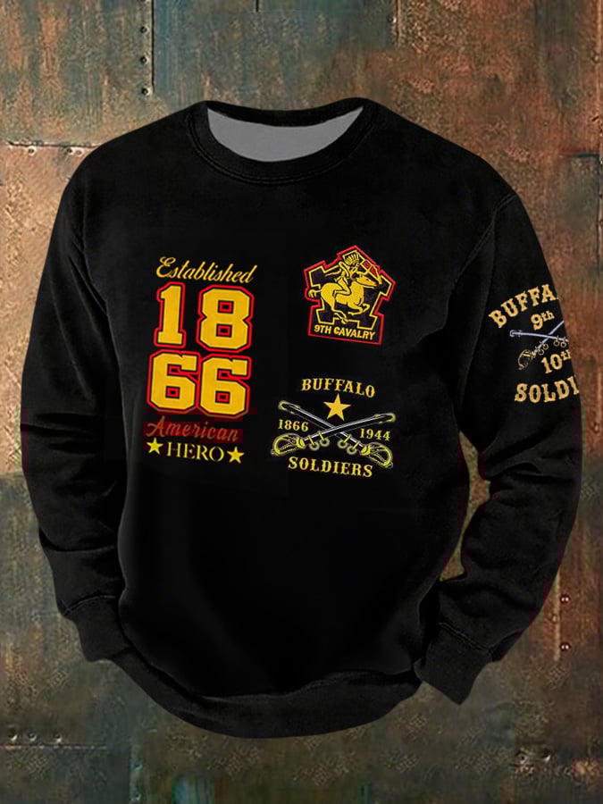Men's Autumn and Winter Buffalo Soldier Black History Print Casual Crew Neck Sweatshirt