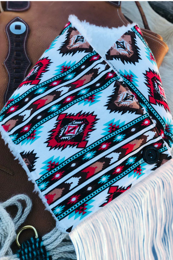 Women's Western Fringed Shawl -White/Red Aztec Pattern