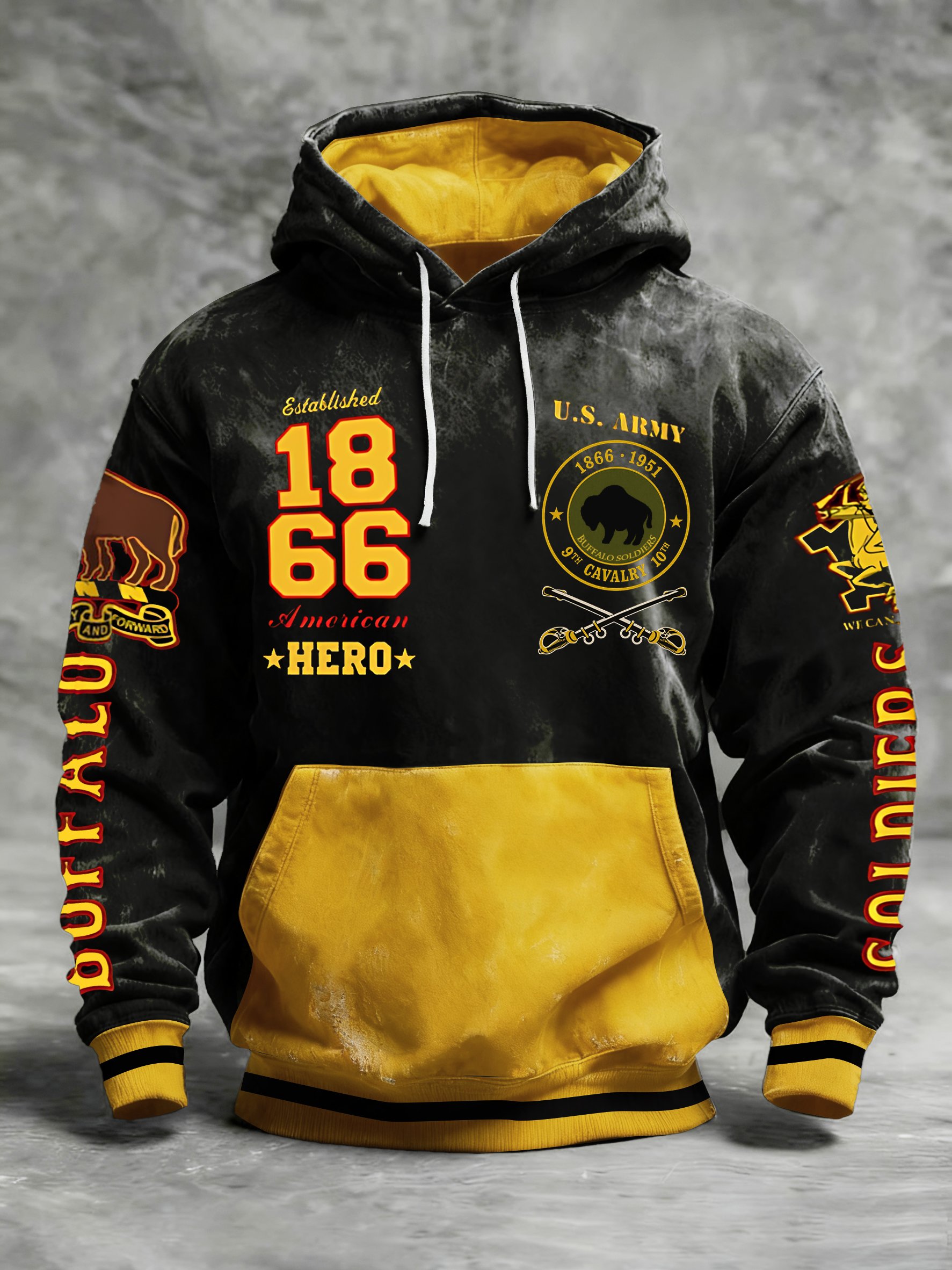 Men's Western Retro Buffalo Cavalry Print Crew Neck Hooded Sweatshirt