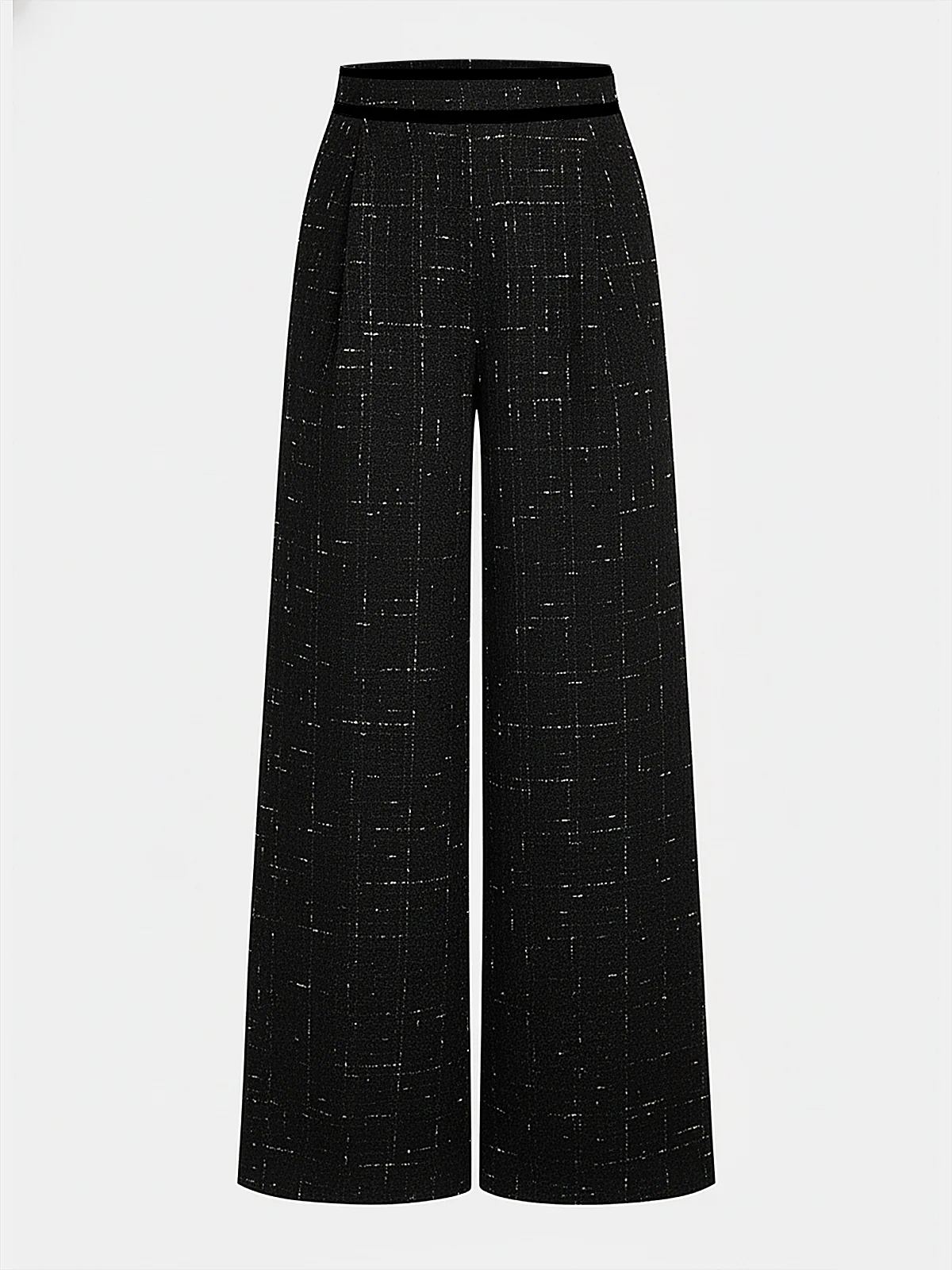 Contrast Waistband Tweed Wide-Leg Pants