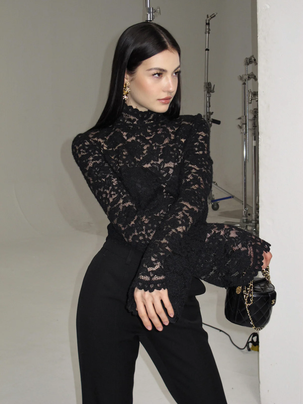 Lace High Neck Bell Sleeve Blouse