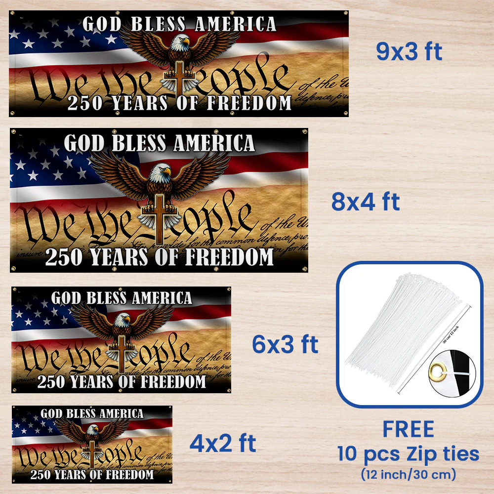 250 years of Freedom Fence Banner God Bless America Patriotic Flag