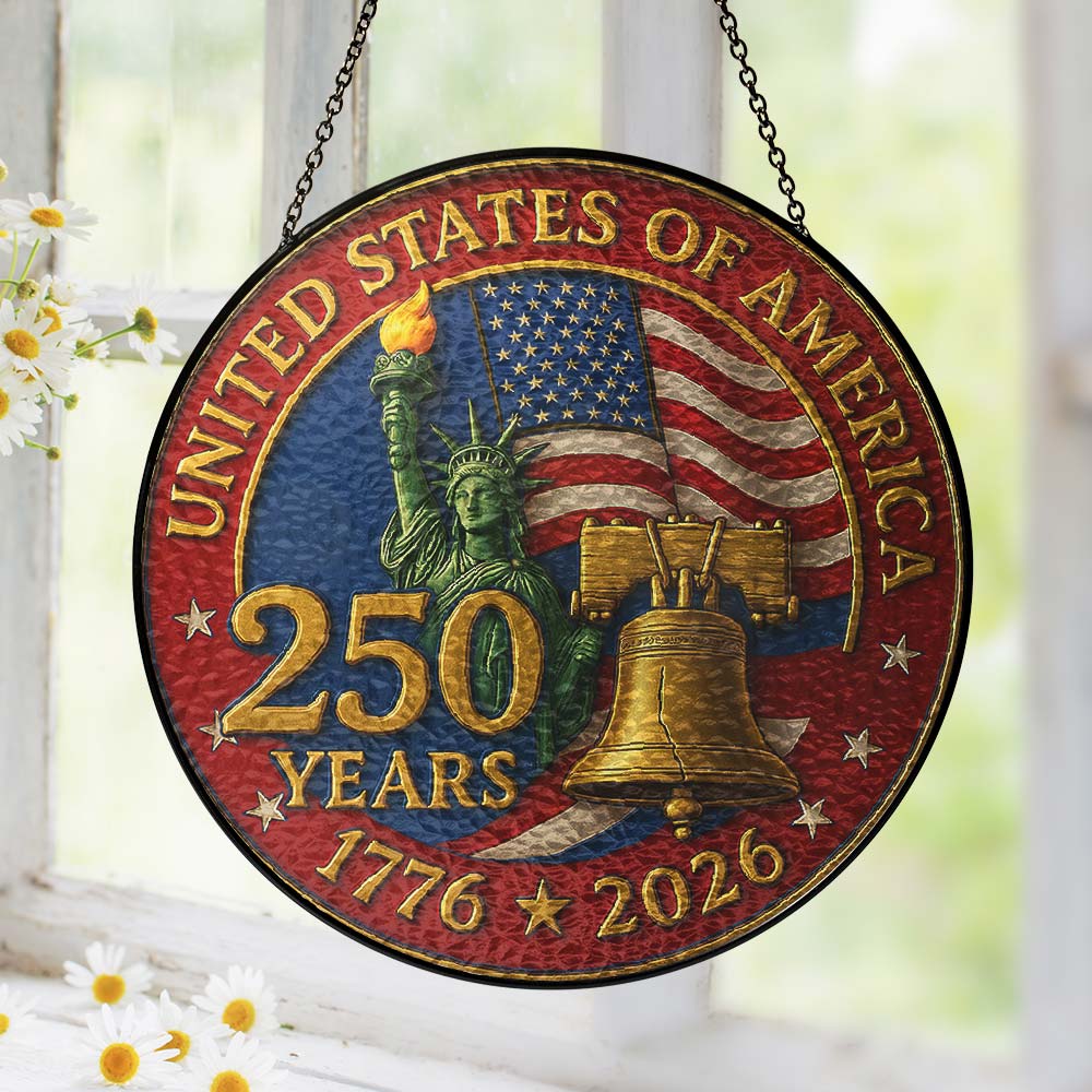 250 years of America Glass Suncatcher - Liberty Bell Patriotic Window Hanging Decoration