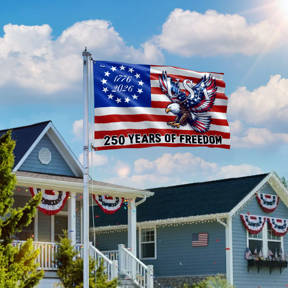 250 Years Of Freedom Flag | Bald Eagle Patriotic 1776–2026 Grommet Flag