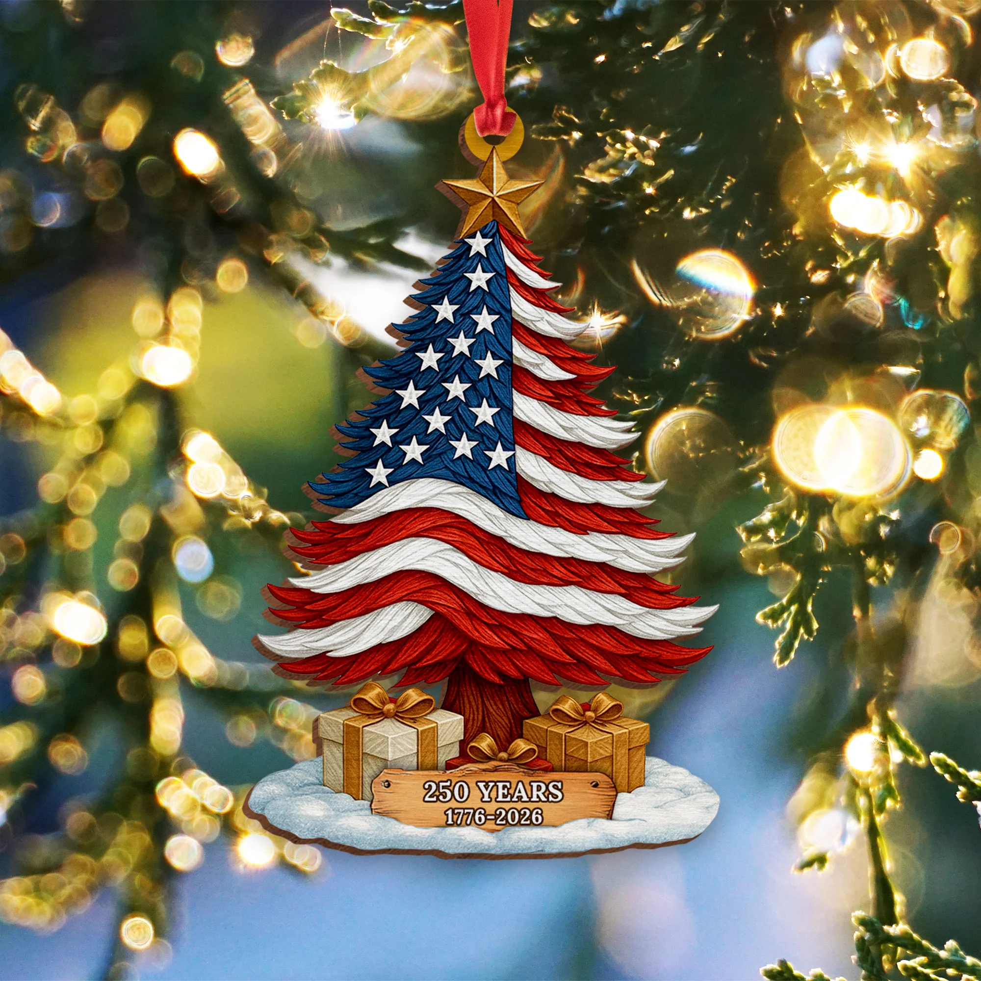 250 Years of America Patriotic Christmas Tree Wooden Ornament, 1776 - 2026 Christmas Tree Decoration, Patriotic Ornament, Independence Day Gift
