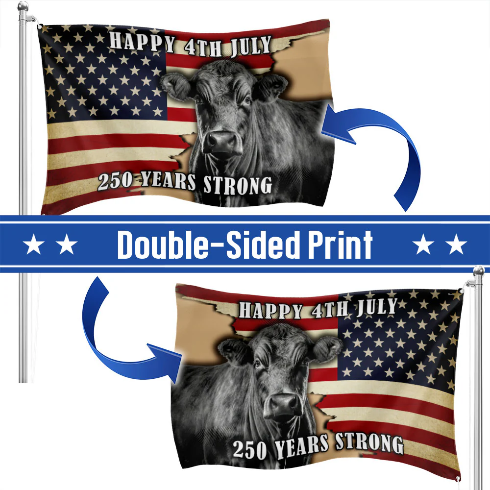 Black Angus Cattle Flag, 250 Years Strong Patriotic Cow Farm Grommet Flag