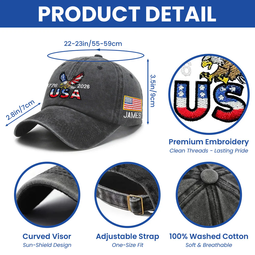 Personalized 250 Years USA Washed Cap with Embroidered American Flag, Patriotic Cap