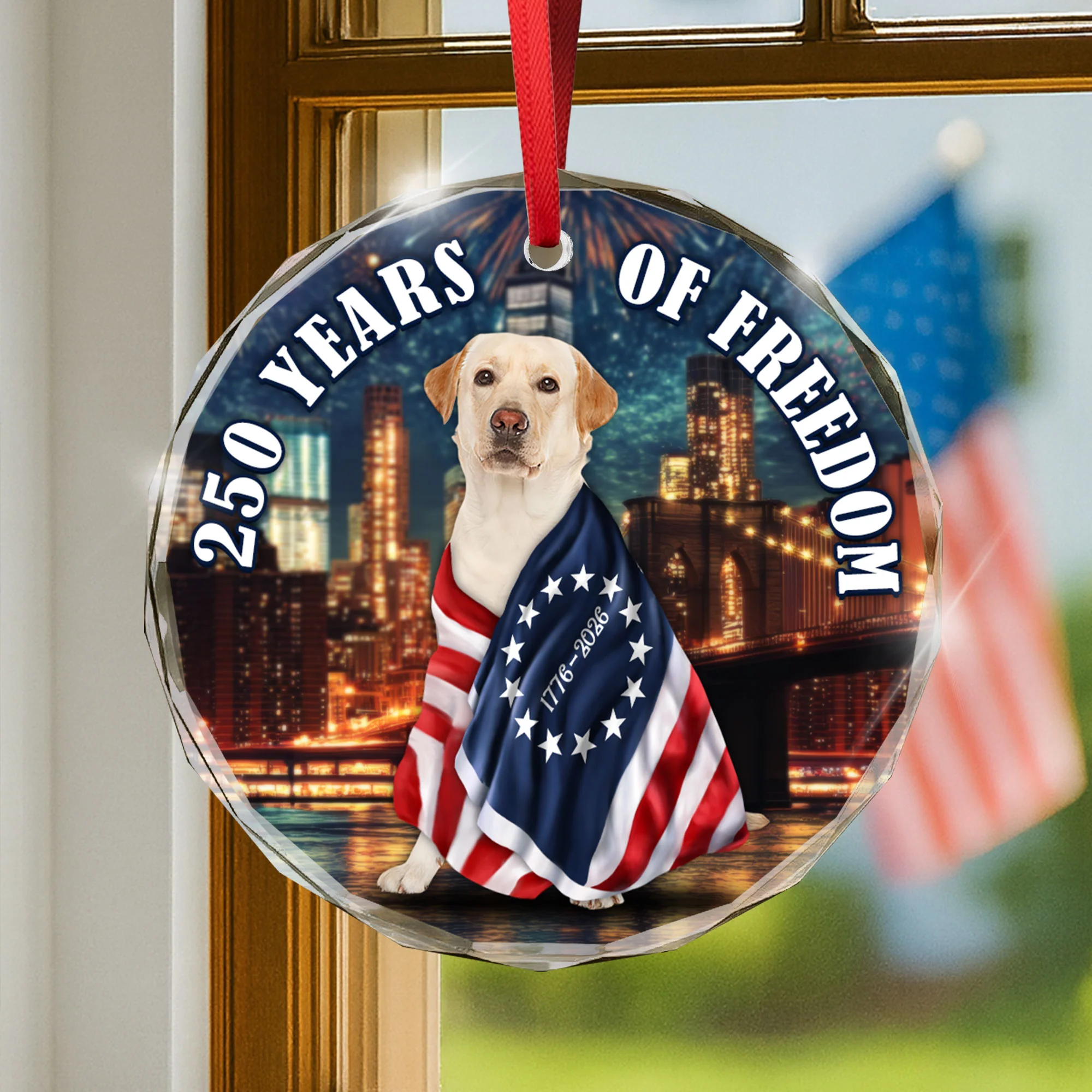 250 Years of Freedom Glass Ornament | Patriot Dog Wrapped in Glory Decor