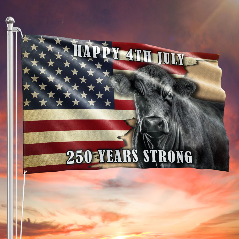 Black Angus Cattle Flag, 250 Years Strong Patriotic Cow Farm Grommet Flag