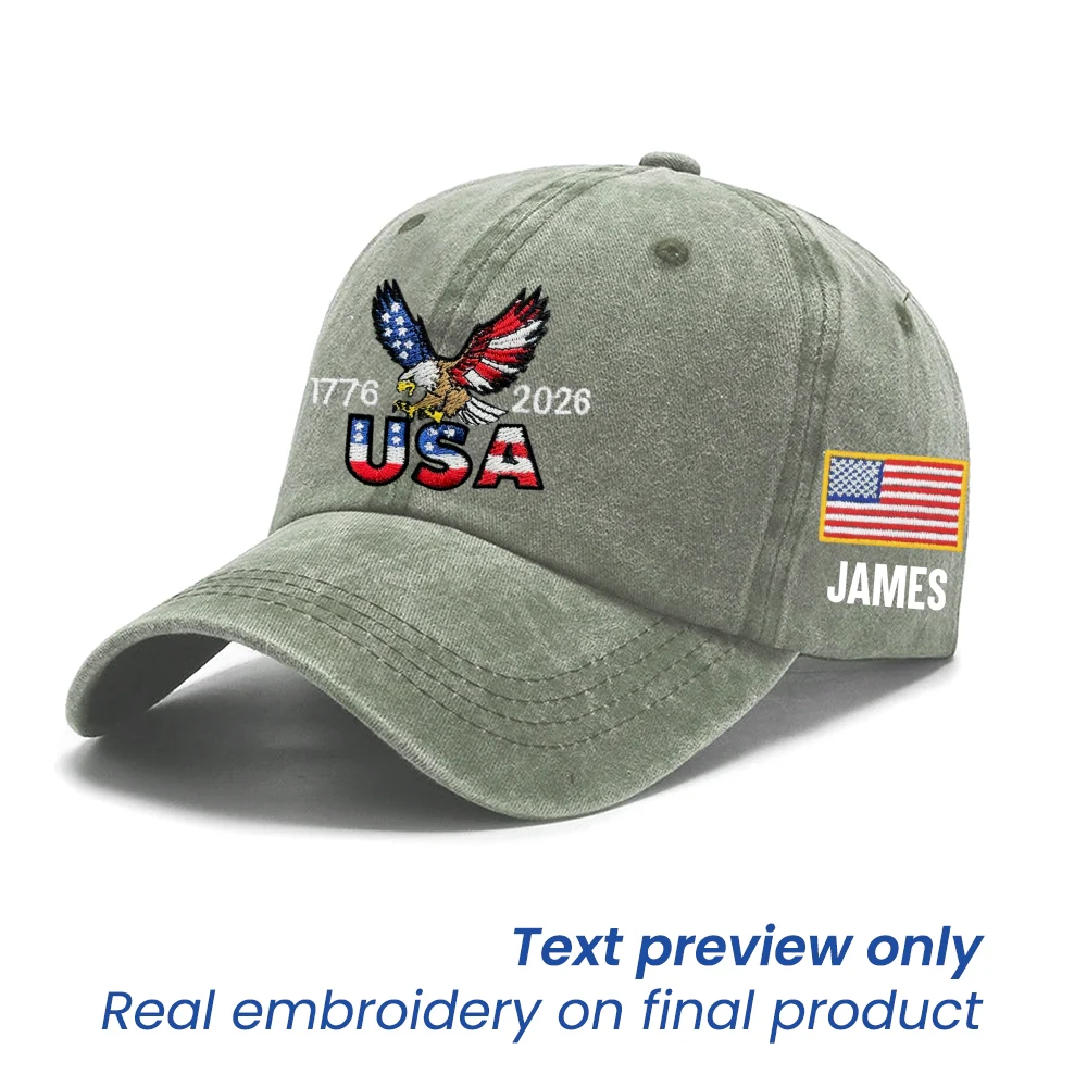 Personalized 250 Years USA Washed Cap with Embroidered American Flag, Patriotic Cap