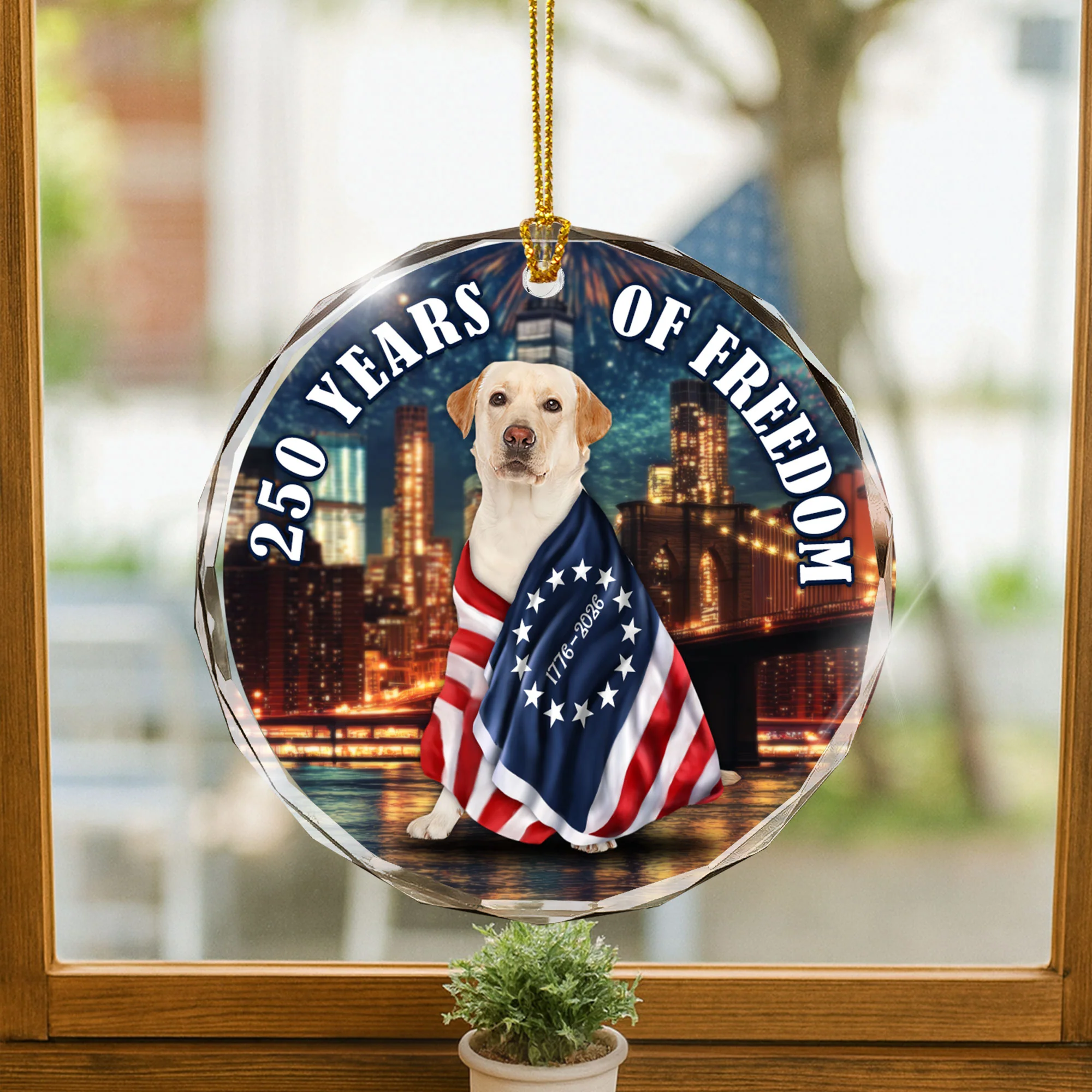 250 Years of Freedom Glass Ornament | Patriot Dog Wrapped in Glory Decor