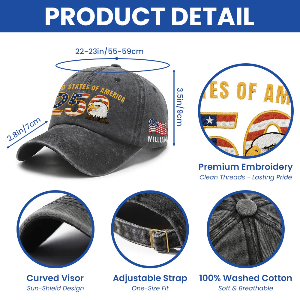 Personalized Patriotic 250th Anniversary Washed Cap with Embroidered American Flag