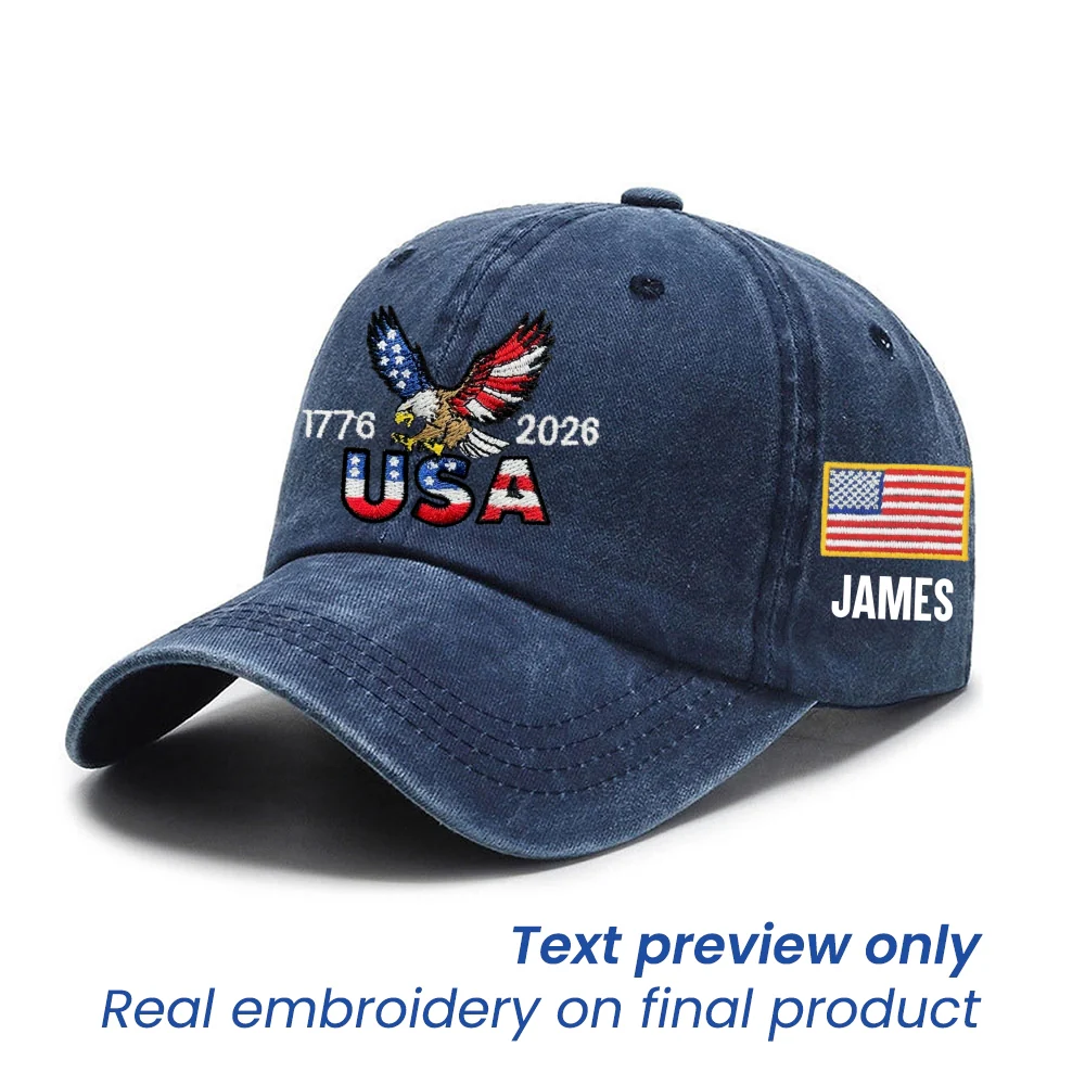 Personalized 250 Years USA Washed Cap with Embroidered American Flag, Patriotic Cap