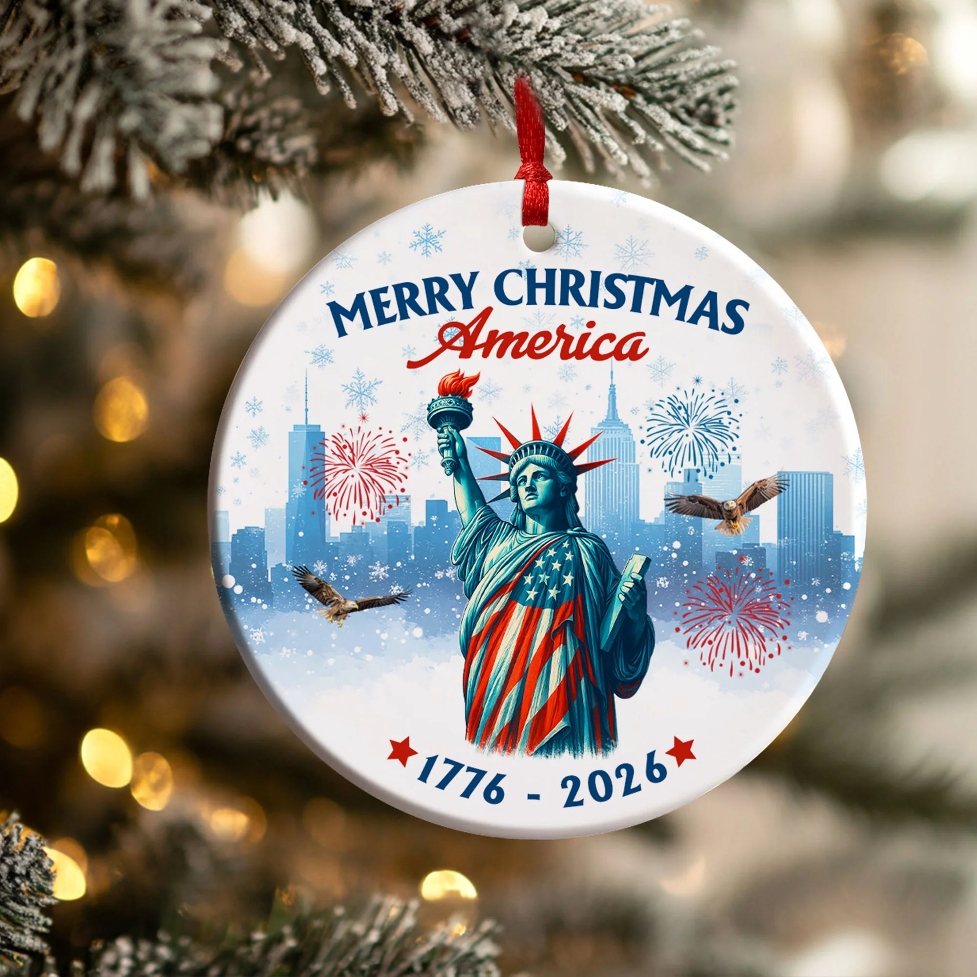 Merry Christmas America Ceramic Ornament | 250th Patriotic Liberty Decor
