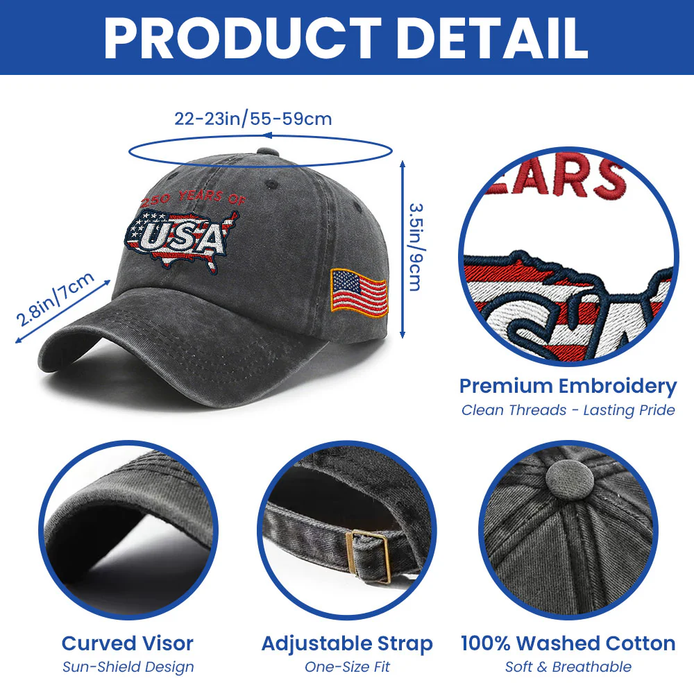 250 Years of USA Washed Cap | Patriotic Embroidered American Flag Cap