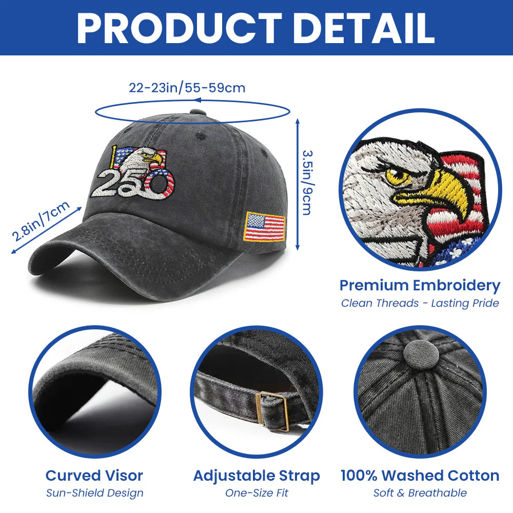 Patriotic 250th Anniversary Washed Cap with Embroidered American Flag