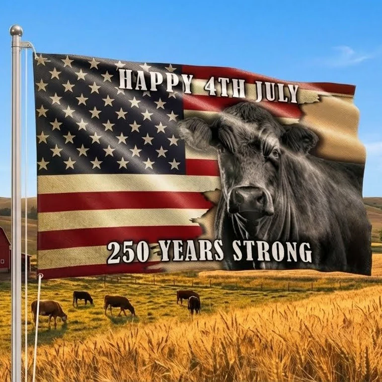 Black Angus Cattle Flag, 250 Years Strong Patriotic Cow Farm Grommet Flag