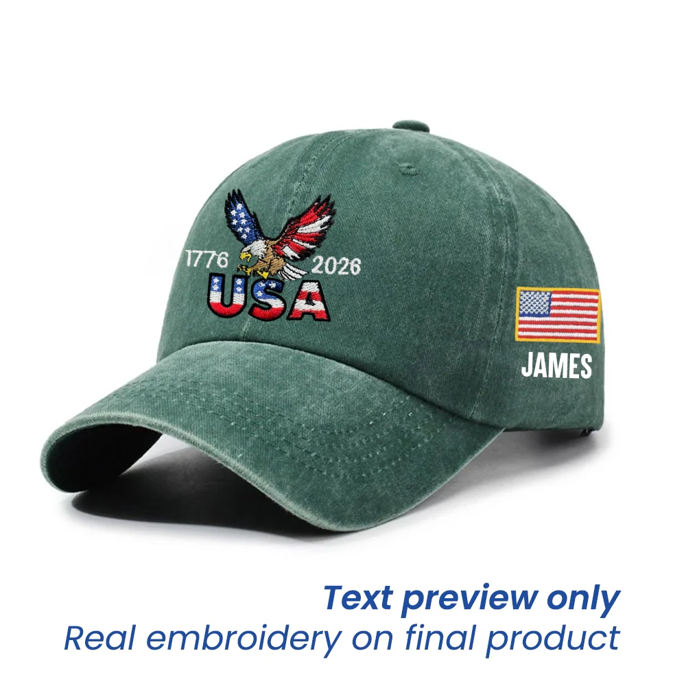 Personalized 250 Years USA Washed Cap with Embroidered American Flag, Patriotic Cap