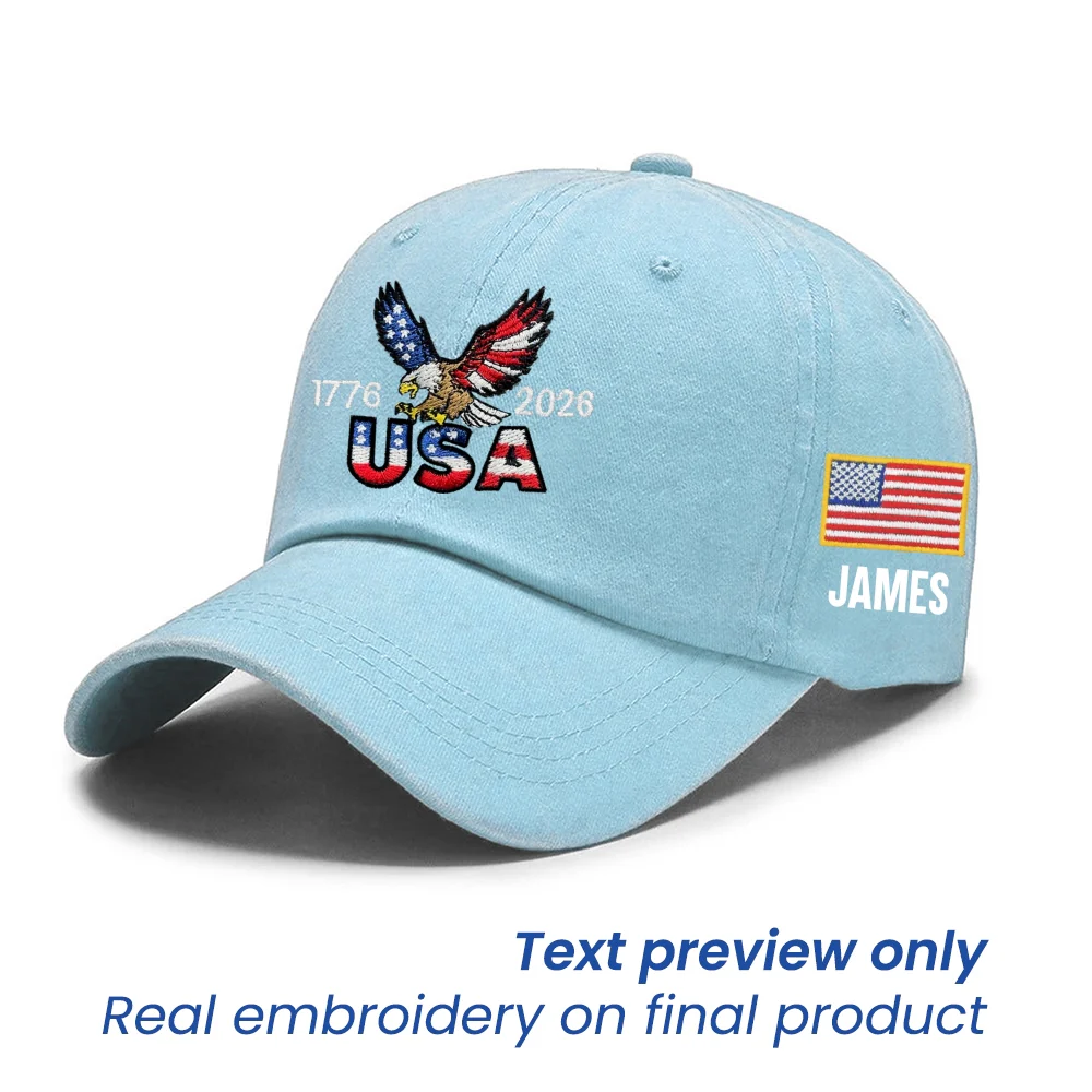 Personalized 250 Years USA Washed Cap with Embroidered American Flag, Patriotic Cap