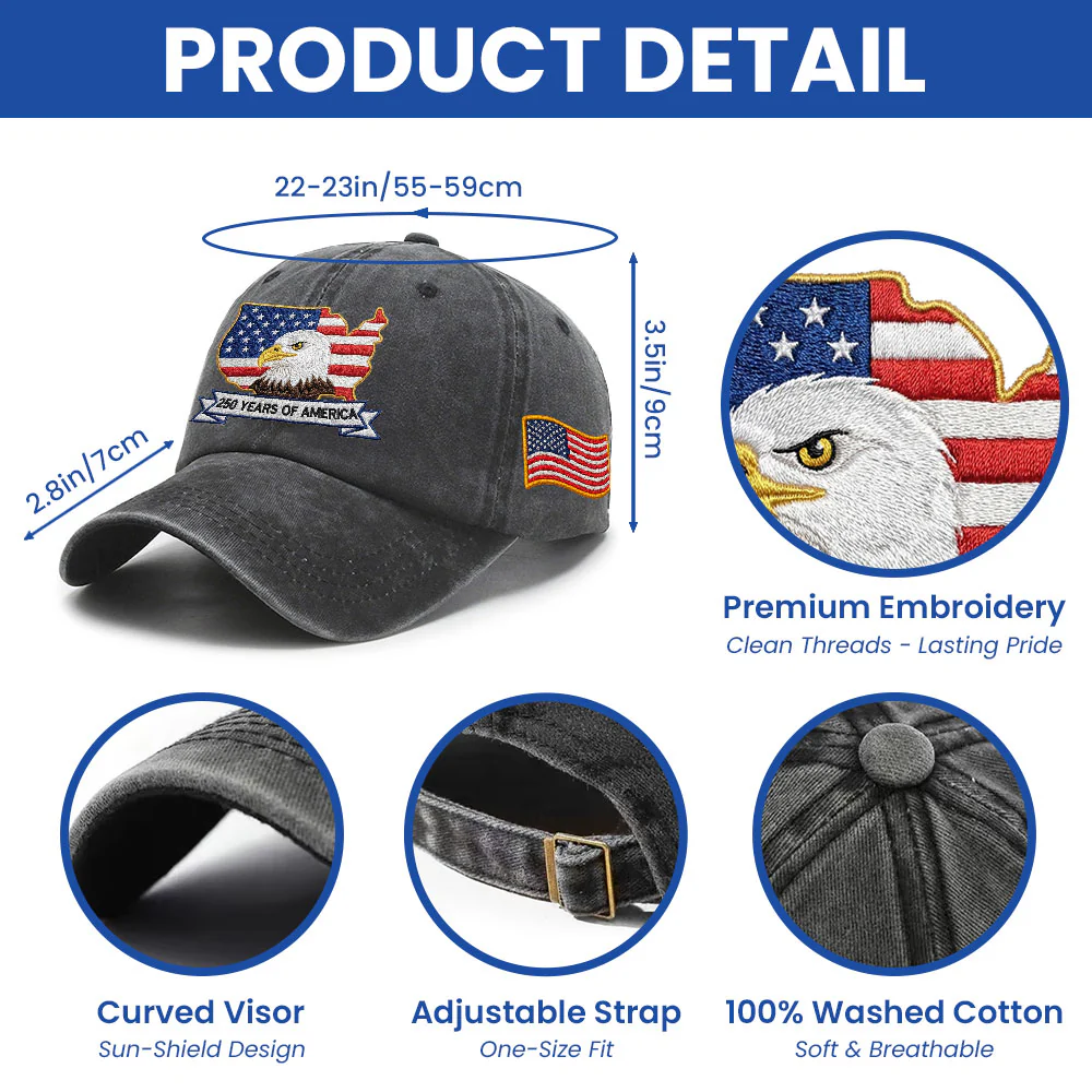 250 Years America Independence Patriot Washed Cap Embroidered Eagle Flag