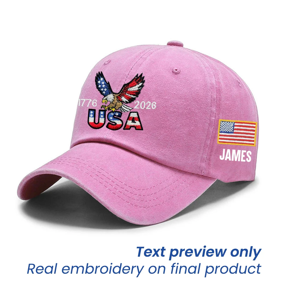 Personalized 250 Years USA Washed Cap with Embroidered American Flag, Patriotic Cap