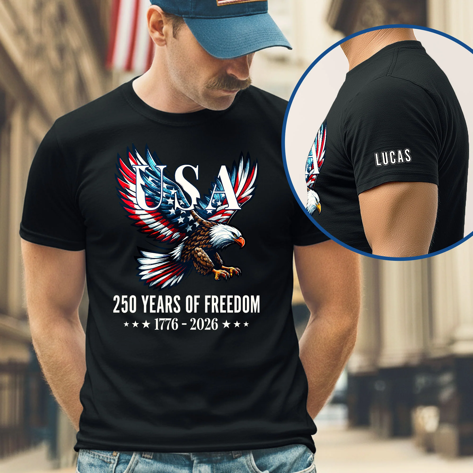 USA 250 Years of Freedom Personalized T-Shirt | Bald Eagle Patriotic Tee