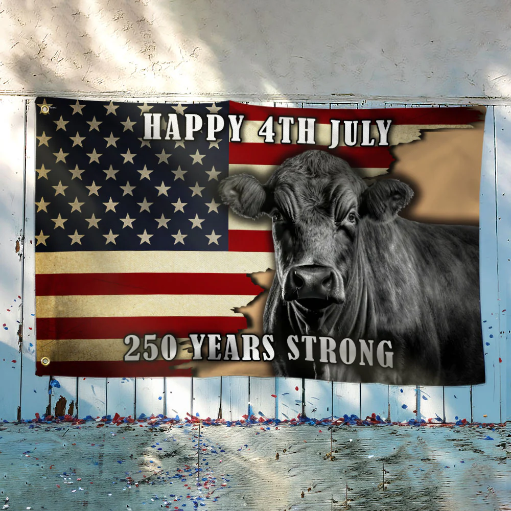 Black Angus Cattle Flag, 250 Years Strong Patriotic Cow Farm Grommet Flag