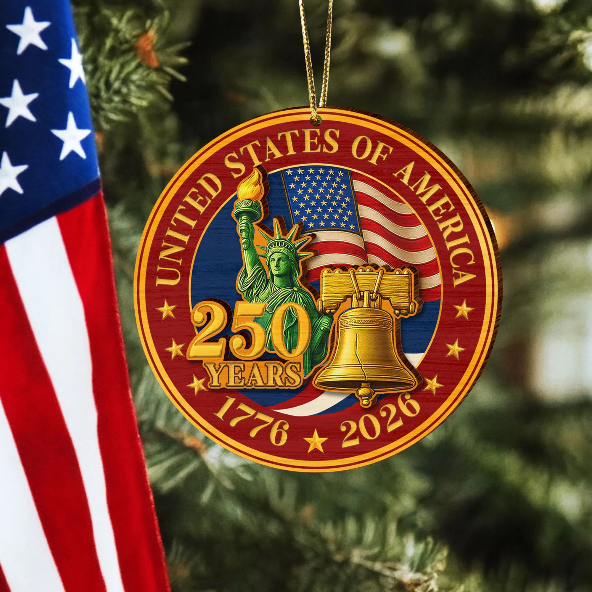 250 Years of America Wooden Ornament, 1776-2026 Liberty Bell Decoration, Patriotic Ornament, American Independence Day Gift, July 4 Decor