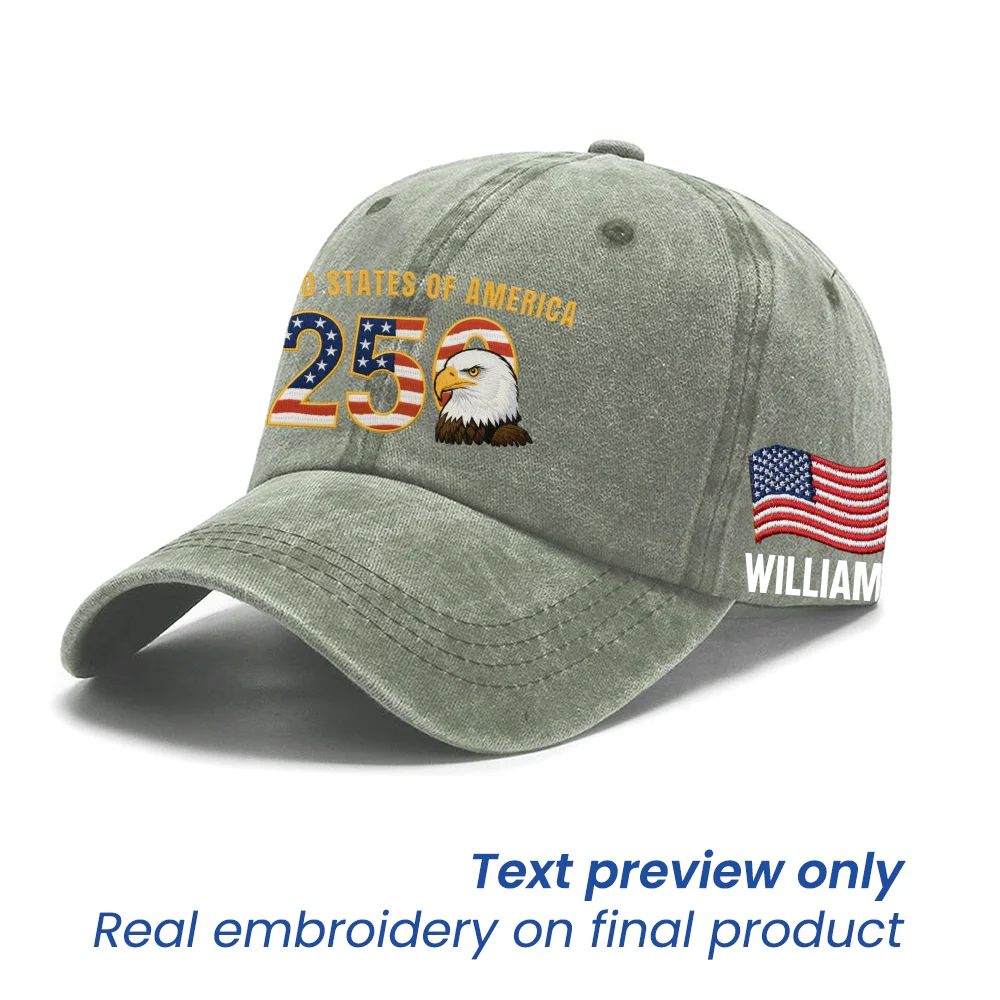 Personalized Patriotic 250th Anniversary Washed Cap with Embroidered American Flag