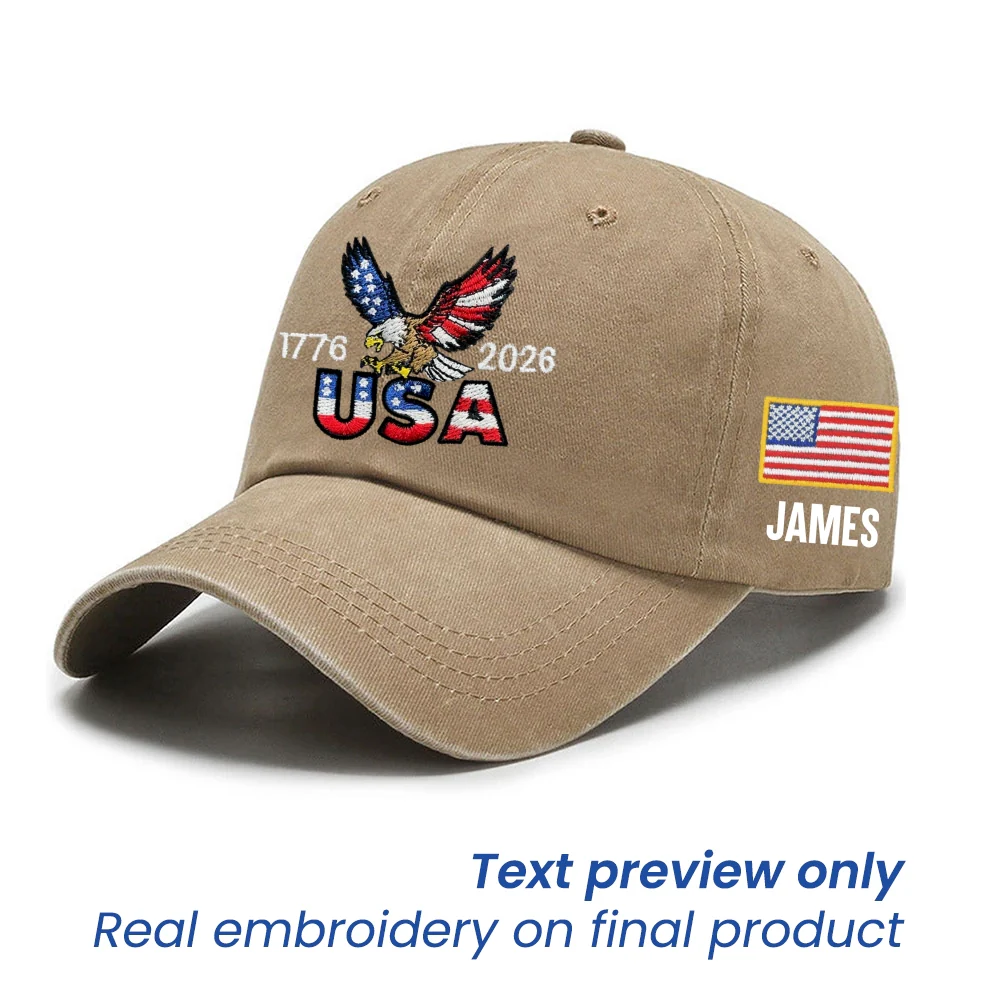 Personalized 250 Years USA Washed Cap with Embroidered American Flag, Patriotic Cap