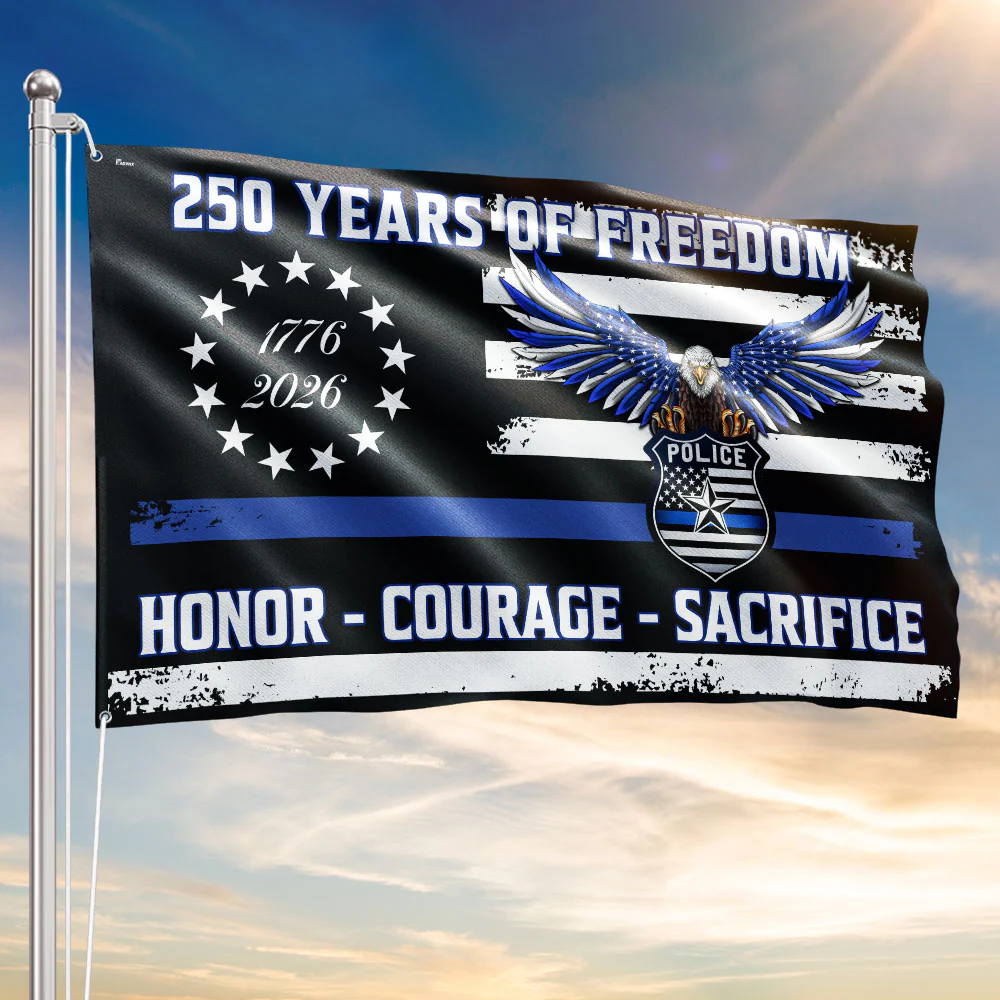 Police Thin Blue Line Flag, 250 Years of Freedom with Eagle Grommet Flag
