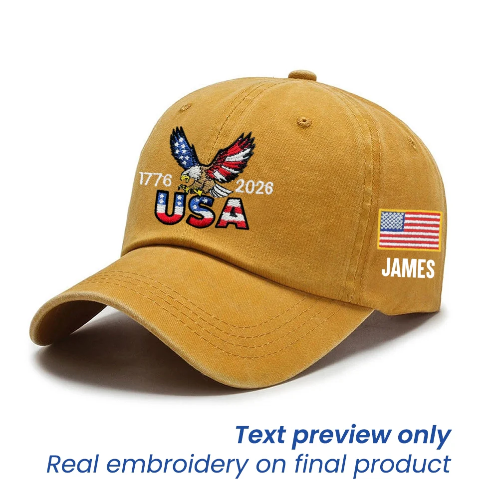 Personalized 250 Years USA Washed Cap with Embroidered American Flag, Patriotic Cap