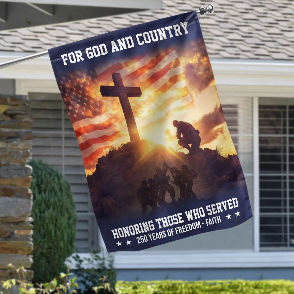 250 years Veterans American Flag Patriotic Kneeling Soldier Cross Flag