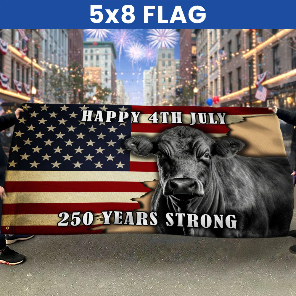 Black Angus Cattle Flag, 250 Years Strong Patriotic Cow Farm Grommet Flag