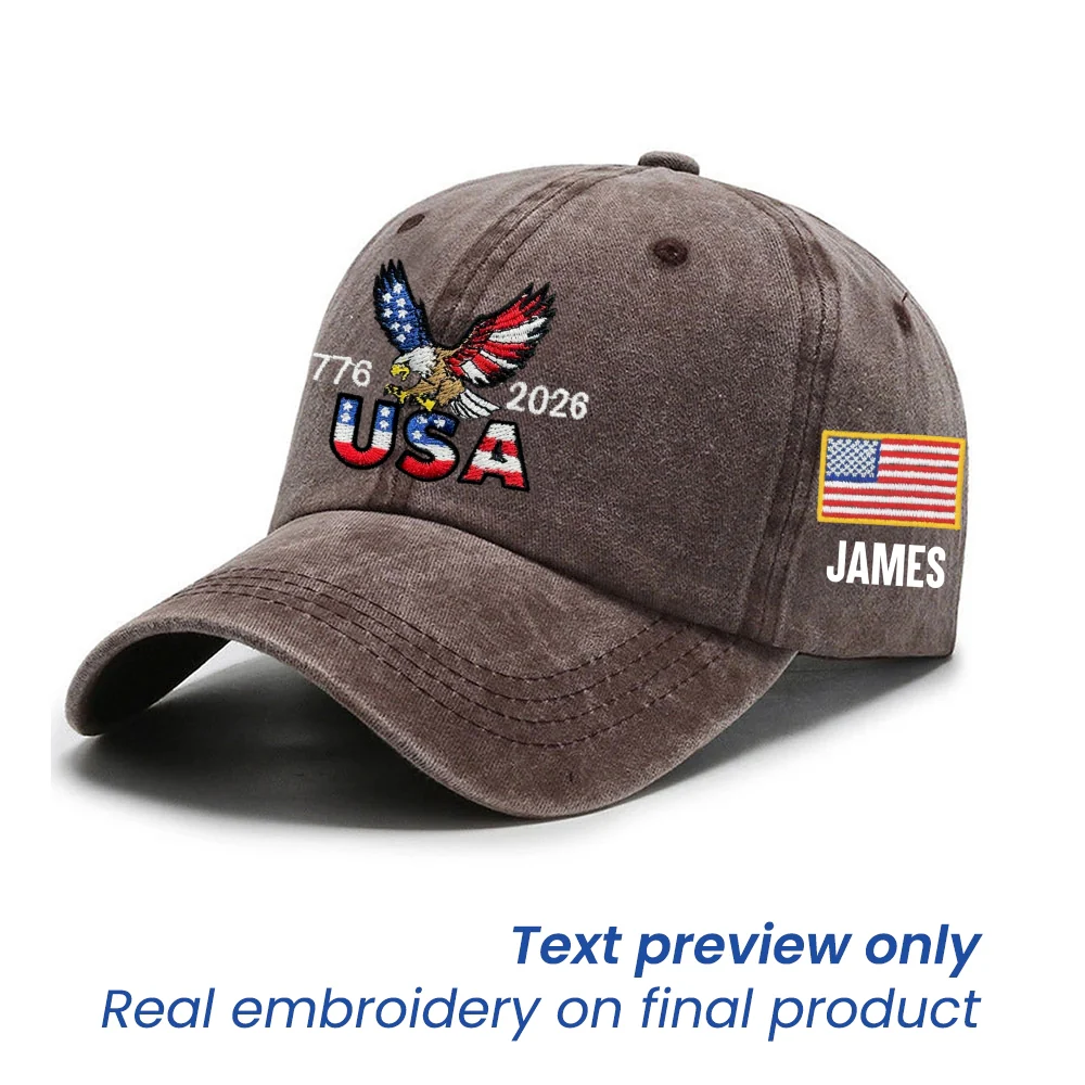 Personalized 250 Years USA Washed Cap with Embroidered American Flag, Patriotic Cap