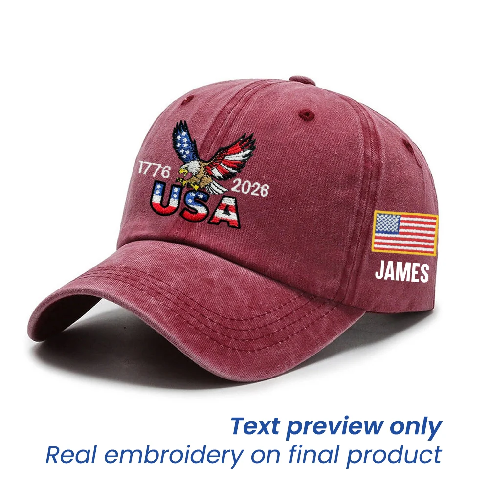 Personalized 250 Years USA Washed Cap with Embroidered American Flag, Patriotic Cap