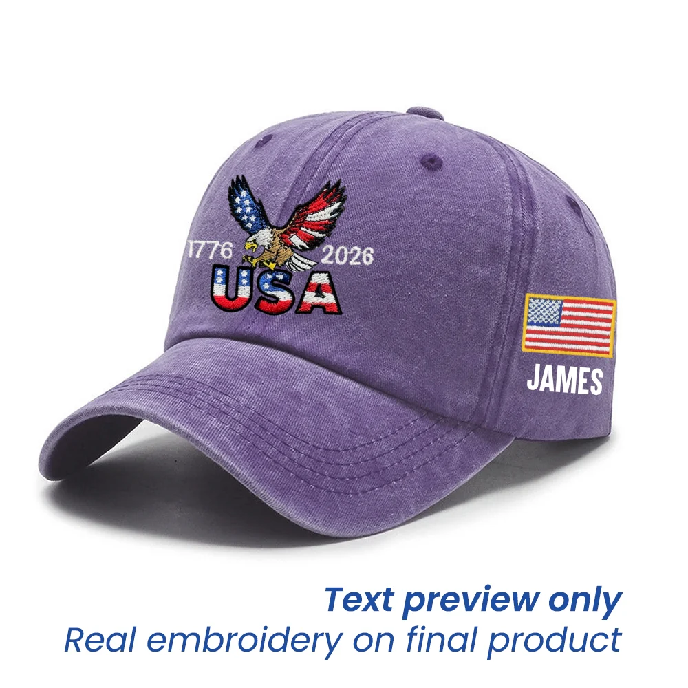 Personalized 250 Years USA Washed Cap with Embroidered American Flag, Patriotic Cap