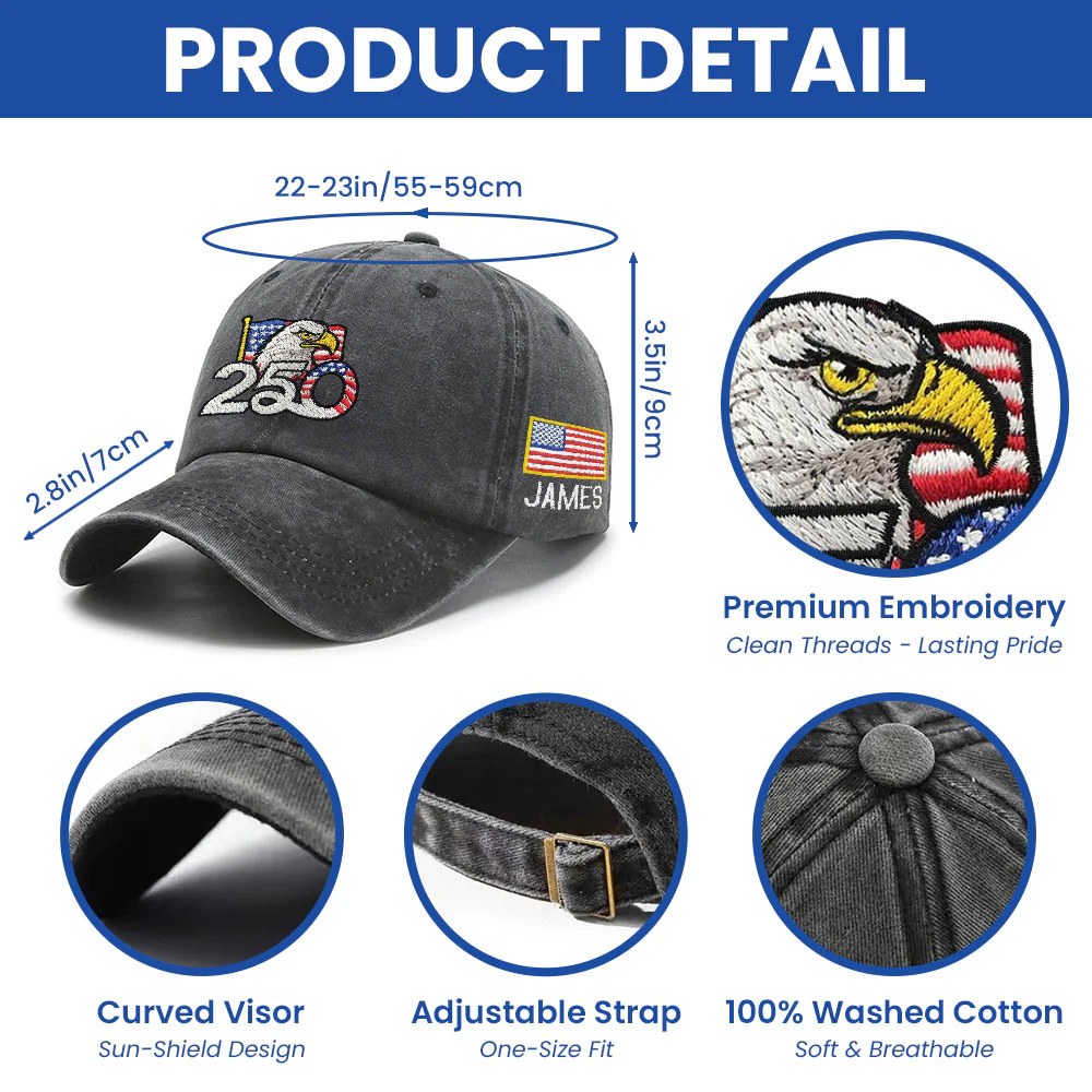 Personalized 250th Anniversary Washed Cap with Embroidered American Flag