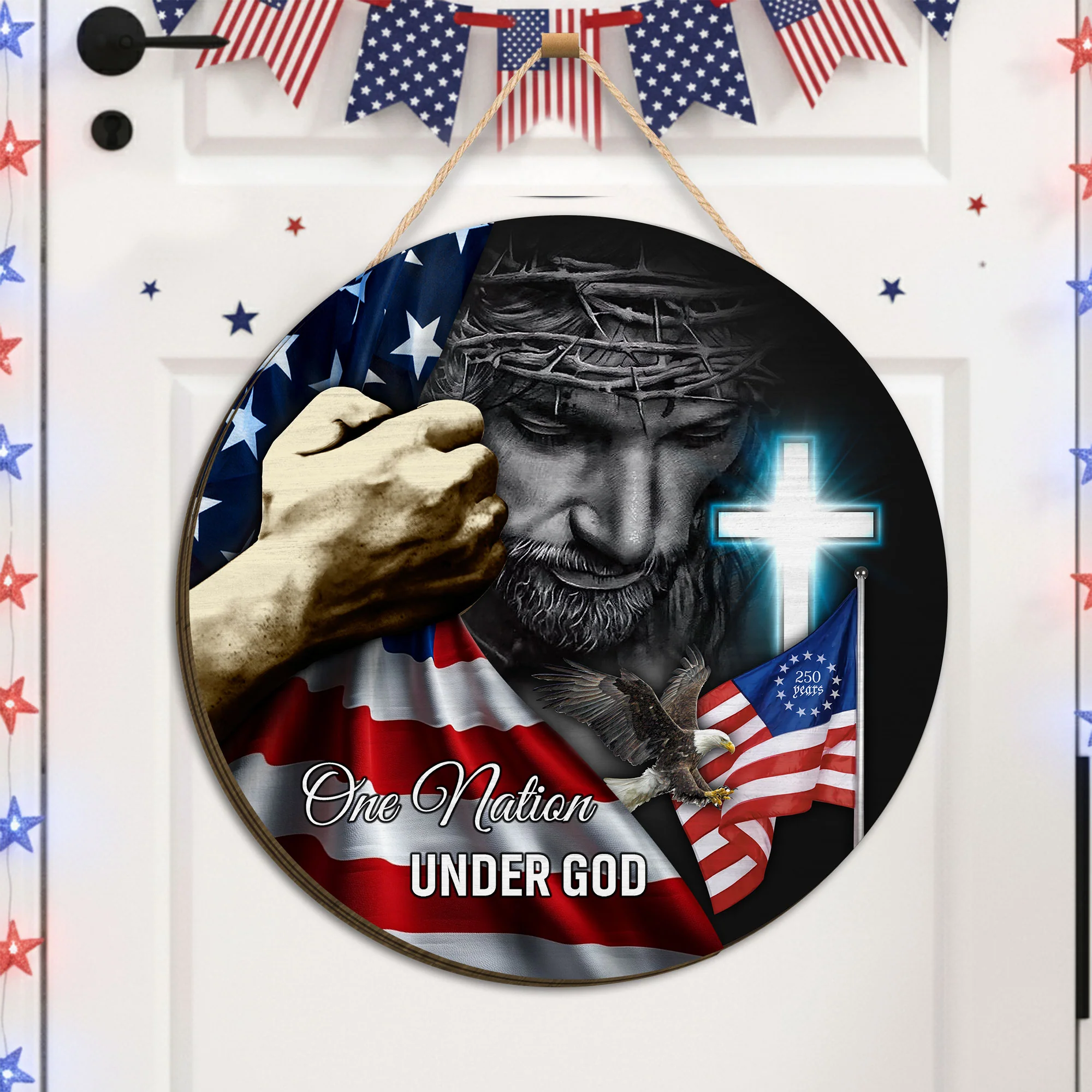 One Nation Under God 250th Anniversary Betsy Ross Round Wooden Sign