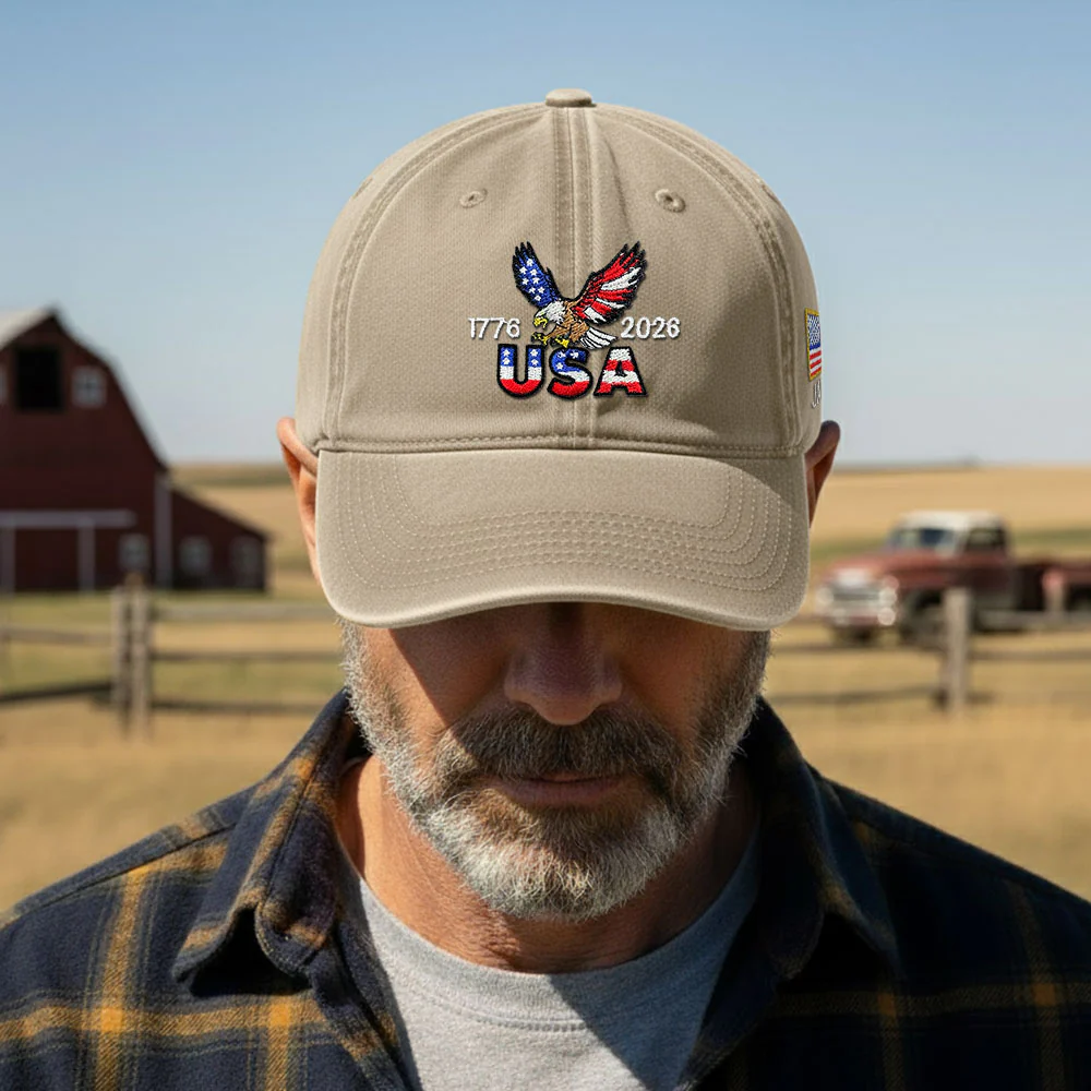 Personalized 250 Years USA Washed Cap with Embroidered American Flag, Patriotic Cap