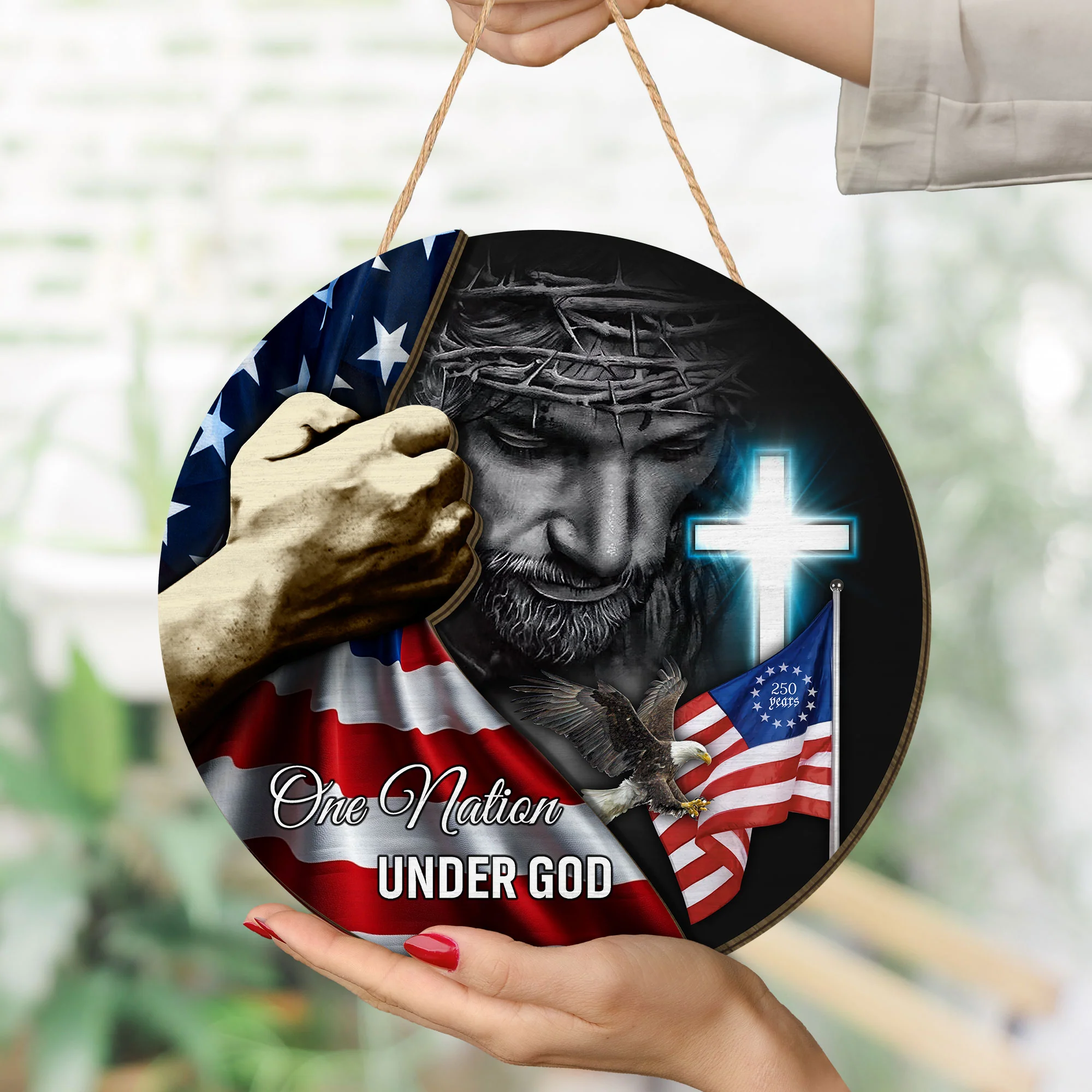 One Nation Under God 250th Anniversary Betsy Ross Round Wooden Sign