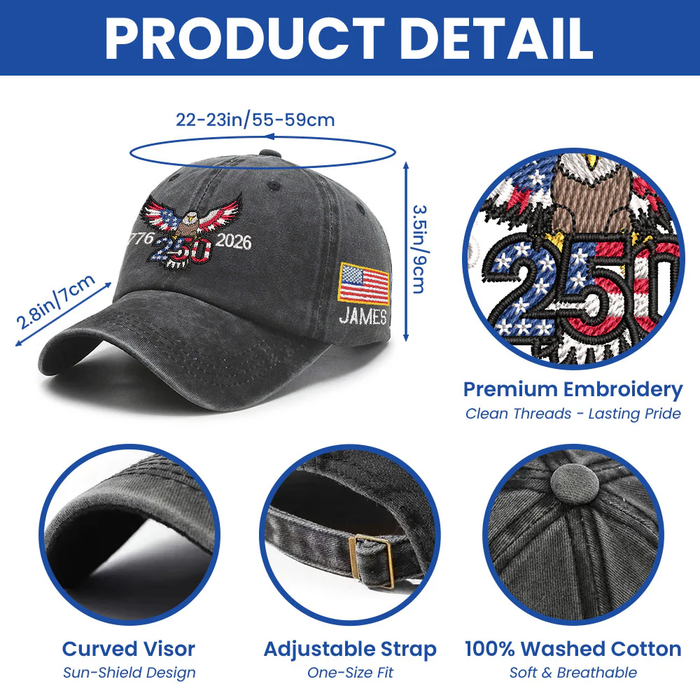 Personalized 250th Anniversary Washed Cap with Embroidered Eagle Flag