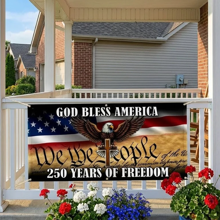 250 years of Freedom Fence Banner God Bless America Patriotic Flag