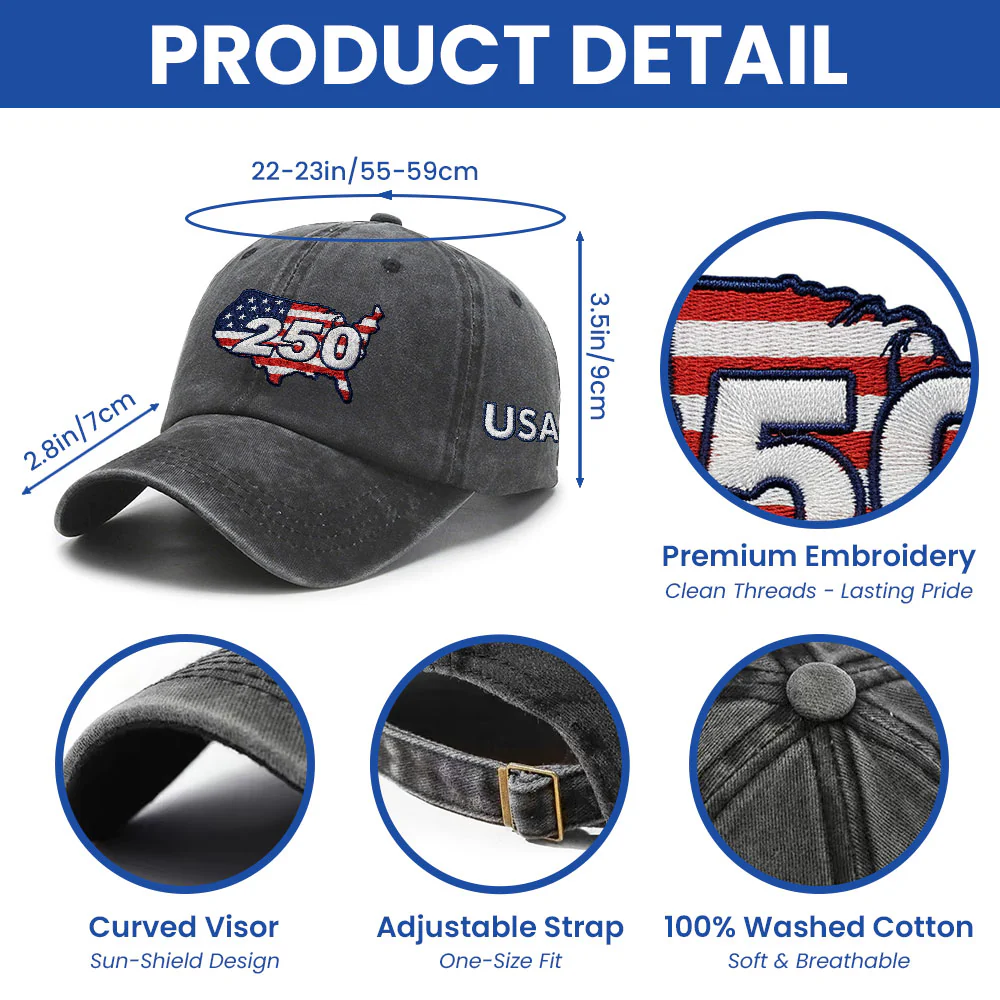 250 Years of USA Patriotic Washed Cap with Embroidered America Map
