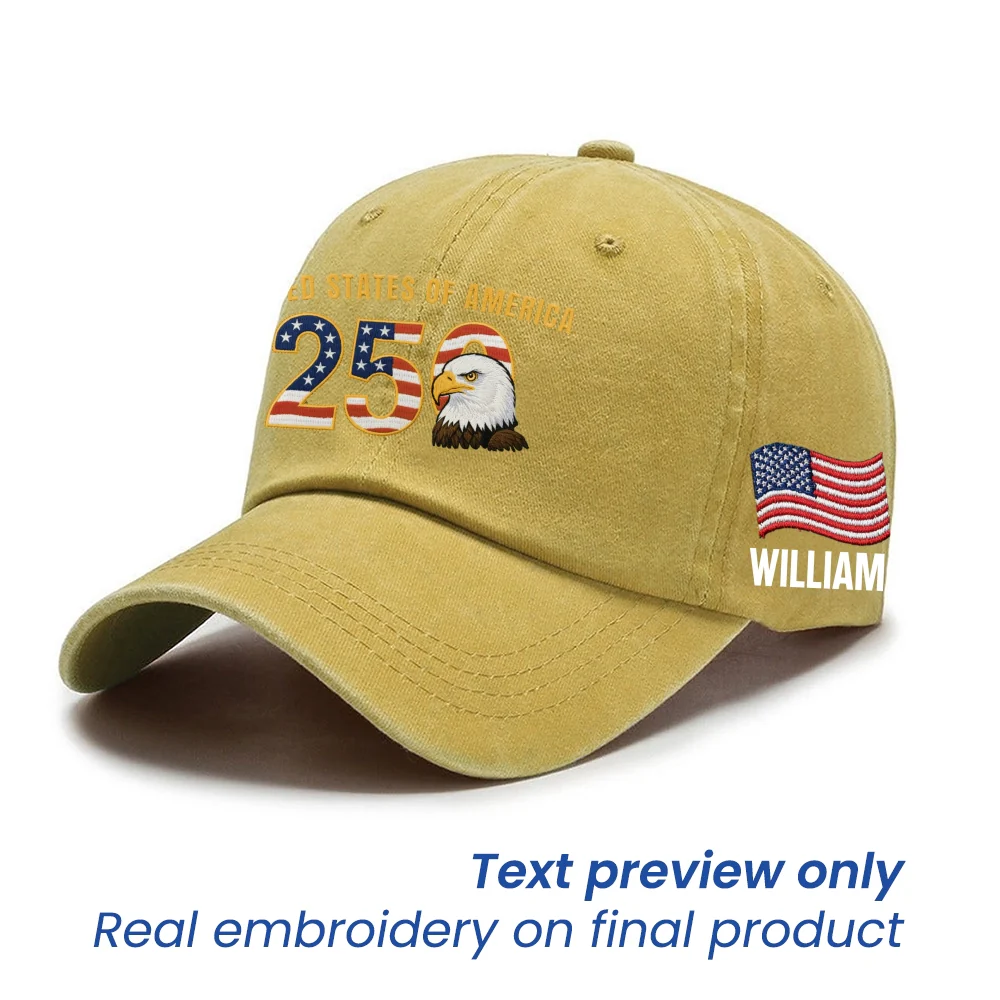 Personalized Patriotic 250th Anniversary Washed Cap with Embroidered American Flag
