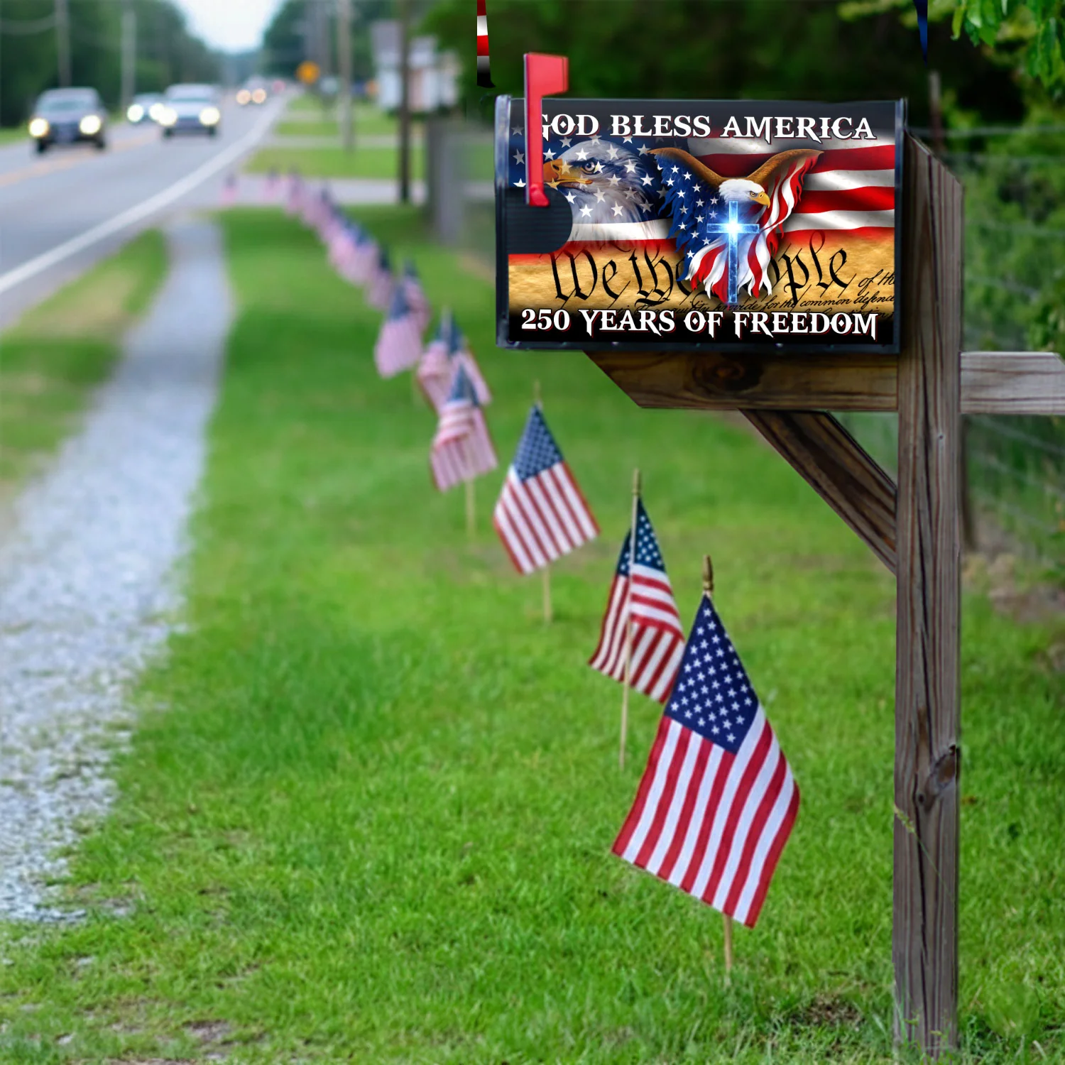 250 Years of Freedom God Bless America Flag Christ Mailbox Cover